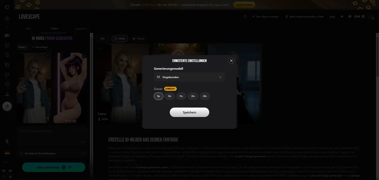 Erweiterte Einstellungen mit Auswahl der Videodauer, längere Optionen als bald markiert