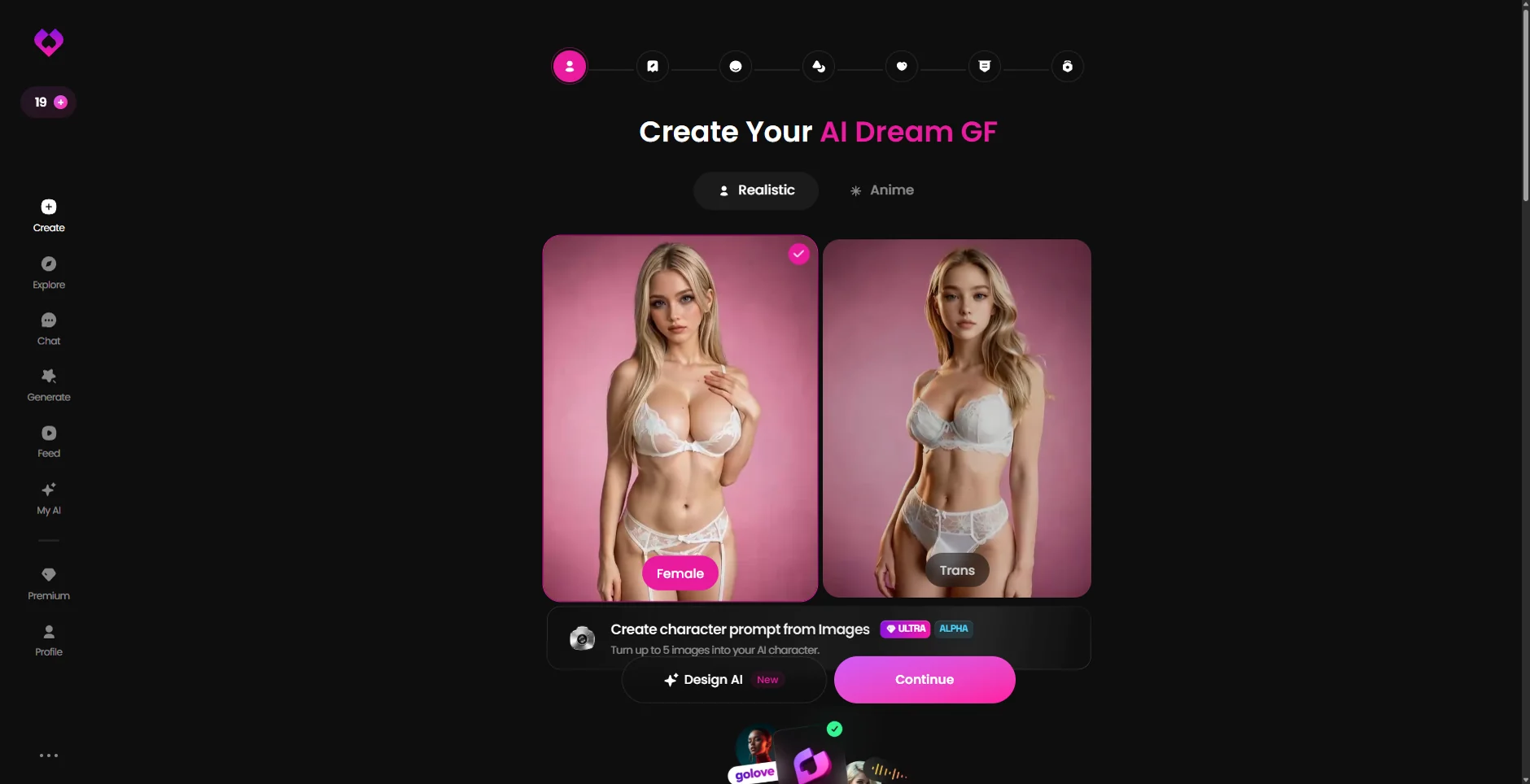 GoLove Create-Einstieg mit Realistic und Anime sowie Female und Trans